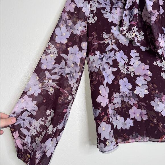 Ted Baker Cyllie Elderflower Tie Neck Blouse Purple Floral Semi Sheer Size 1 - Picture 3 of 7